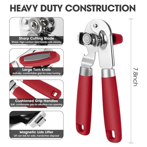 Manual Can Opener Hand Held with Magnet for Home Kitchen (Red)