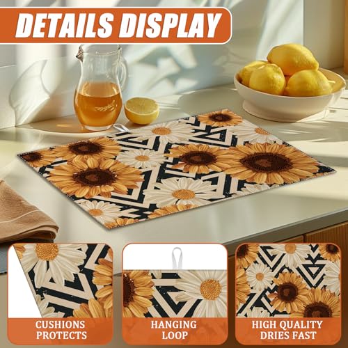 Vintage Sunflower Daisy Dish Drying Mat for Kitchen Counter Microfiber Absorbent Dish Kitchen Drying Mat Draining Reusable Washable for Dishes