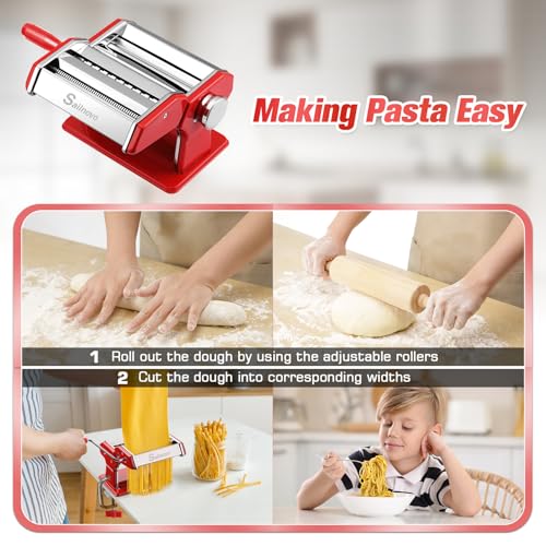 3-in-1 Pasta Maker with 9-Setting Pasta Roller & Cutters, Red (Red)