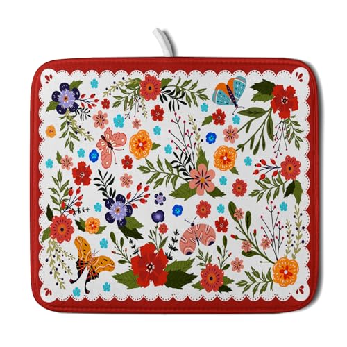 Flowers Printed Dish Drying Mat Floral Coffee Mat for Kitchen Counter Small (Light Flowers Red / 18" x 16")