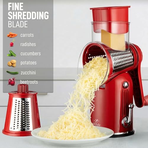 Rotary Cheese Grater Manual Hand Crank 5 Blade Shredder (5 Blades / Classic | Red)