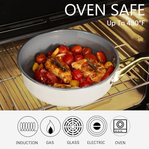 10-in-1 White Ceramic Nonstick Deep Saute Pan Set With Steamer & Lid, 4QT (White)