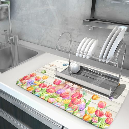 Easter Bunny Dish Drying Mat 18x24 inch Eggs Floral Fast Drying Pad Washable Reversible Microfiber Dish Drainer Mats for Kitchen Counter (Bunny Wood / 18" x 24")