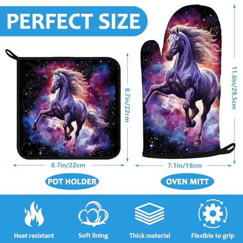 Horse Purple Galaxy Space Oven Mitts and Pot Holders Sets Heat Resistant 4Pcs Potholders Oven Gloves Hot Pads for Kitchen Baking Cooking Grilling BBQ (Horse Galaxy Space)