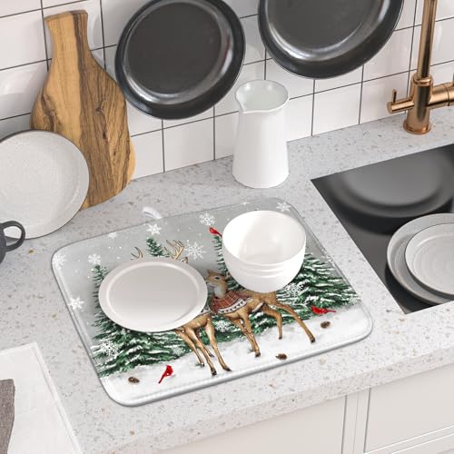 Winter Deer Dish Drying Mat Pine Tree Absorbent Dish Dry Pad Seasonal Microfiber Dish Drainer Mats for Kitchen Counter Coffee Bar 16x18 in (Deer Pine Tree / 16" x 18")