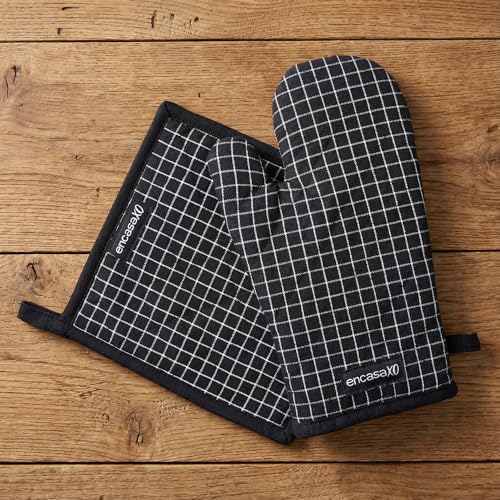 Oven Mitts and Pot Holders Set (Oven Glove + Pot Holder / Butcher Checks Black)