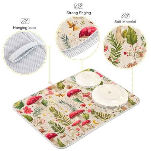Mushroom Forest Fern Leaves Dish Drying Mat for Kitchen Counter Absorbent Microfiber Drying Pad (16" x 18")