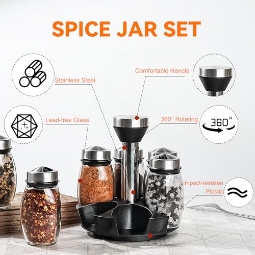 6 Pack Spinning Glass Spice Jars with Organizer Rack for Countertop