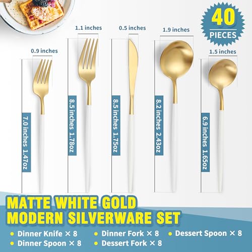 Matte White Gold Silverware Set for 8 (White Gold / 40 Pieces Set)