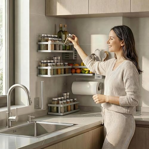 5-in-1 Shower Caddy & Kitchen Organizer Set, Wall Mount Wide Spice Rack with Paper Towel Holder, Utensil Holder, Soap Dish, Rustproof Mesh Baskets Hold 50LBS - Silver Gray, Guardrail (Silver Grey / 5-in-1 Minimalist (12.6" Wide))