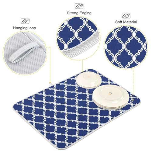 Navy Blue Trellis Lattice Dish Drying Mat for Kitchen Counter Absorbent Microfiber Drying Pad (18" x 24")