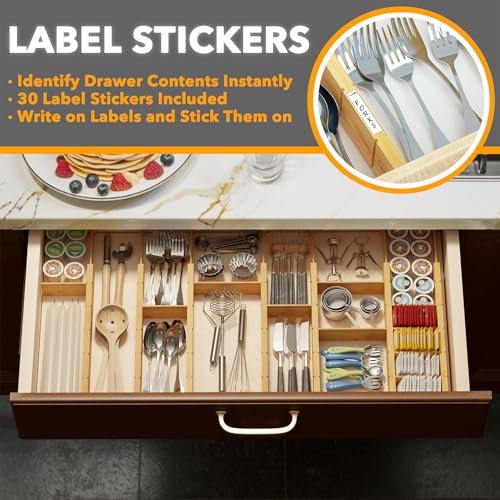 Bamboo Drawer Dividers with Inserts and Labels (2.35''H, 17''-22''L, 7 Dividers / NATURAL)