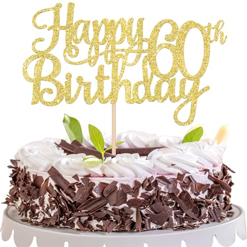 1 PCS Happy 60th Birthday Cake Topper Gold Glitter Cheers to 60 Years Birthday Cake Pick 60 Fabulous Cake Decoration for Happy 60th Birthday Anniversary Party Decorations Supplies (Gold / 60th)