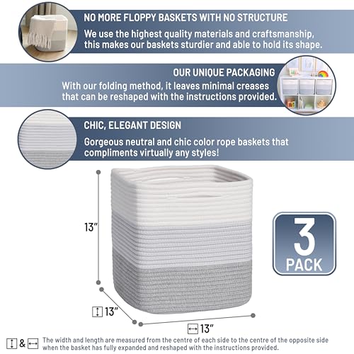 13 Inch Cube Storage Bins Cotton Rope Woven Baskets for Organizing 3 (3-Tone Gray / 13 x 13 x 13 (Standard))