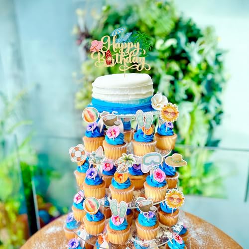 37Pcs Summer Beach Pool Cupcake Toppers Glitter Beach Happy Birthday Cake Topper Ball Sun Umbrella Water Gun Cupcake Picks for Tropical Hawaii Theme Birthday Party Decorations Supplies Gold (Gold 3)