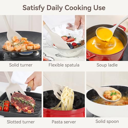 6 Pcs Silicone Kitchen Utensils Set Wood Handle BPA (Khaki-A / 6 Piece)