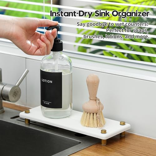 Water Absorbing Stone Sink Caddy Kitchen Sink Organizer Tray (10"x 4" - White - Gold)
