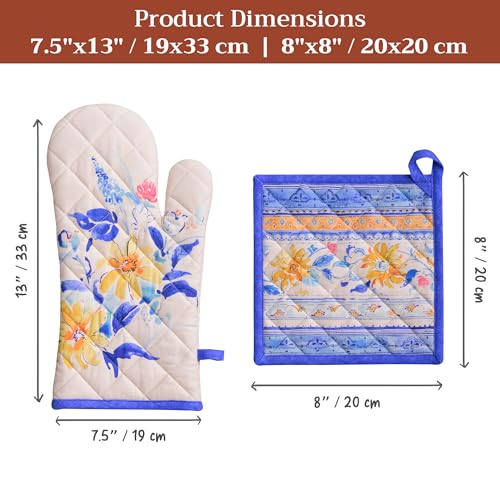 100% Cotton Oven Mitt & Pot Holder Set (007 - Girassol / 7.5" x 13" & 8" x 8" (Oven Mitt & Pot Holder))