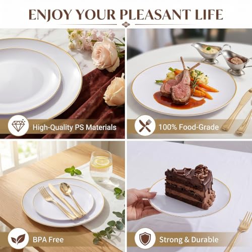 100PCS White Plates with Gold Trim (Gold / 100 count)
