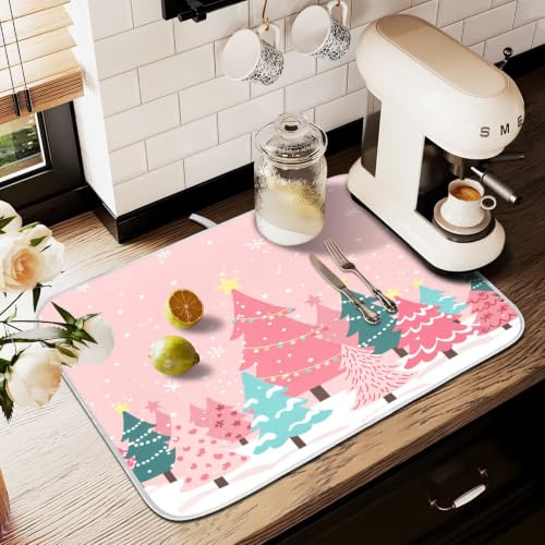 Christmas Tree Pink Dish Drying Mat for Kitchen Counter Absorbent Microfiber Small Drying Pad Winter White Snowflake Xmas Dish Mats for Kitchen Countertops 16 x 18 Inch (Christmas Tree Pink / 18" x 16")