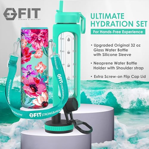 32 oz Glass Water Bottle with Time Marker (Seafoam, Floral Carrier)