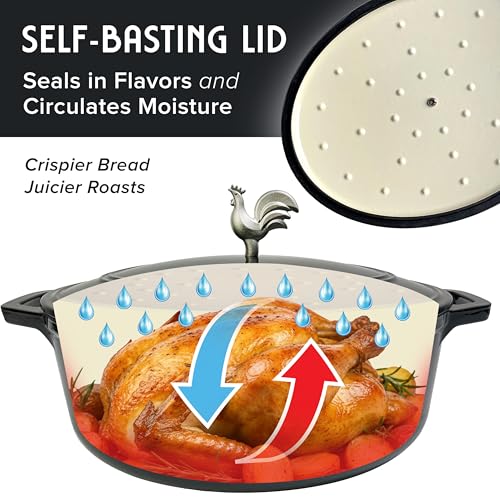 MUELLER HOME 5.5 Quart Enameled Cast Iron Oval Dutch Oven with Rooster Knob & Cotton Potholders (5.5 Quart -Oval / Black)