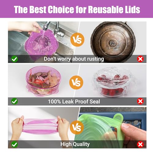 Silicone Stretch Lids for Food Storage in Fridge (6 Pcs Purple)