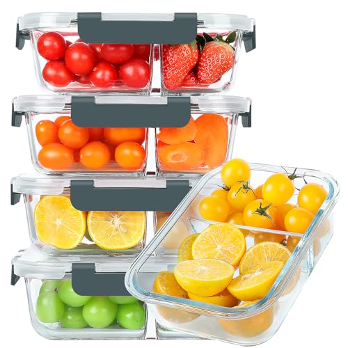 30 oz 5 Pack Glass Meal Prep Containers 2 Compartments (Gray / 2-Compartment 30 oz)