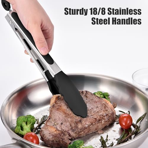 Kitchen Tongs with Silicone Tips for Cooking Serving (9in / Black)