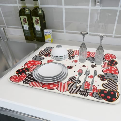 Red Heart Dish Drying Mat 18"x24" Love Dots Microfiber Dish Drainer Rack Mat Holiday Absorbent Fast Dry Pad for Kitchen Counter Home Decor (Heart Dots / 24" x 24")