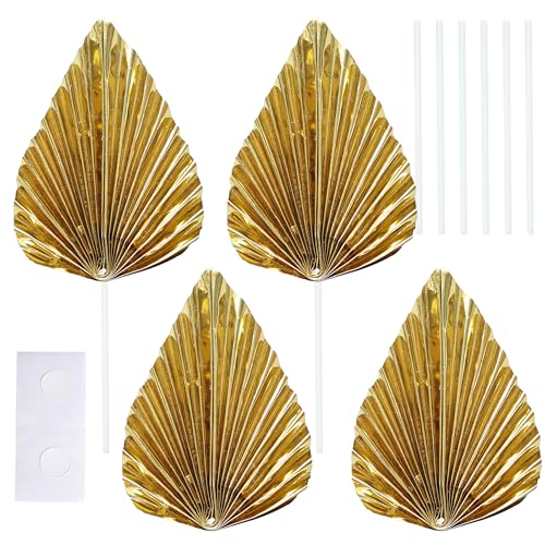 6Pcs Paper Palm Fan Cake Toppers Palm Spear Leaves Fan Cupcake Toppers Cake Insert Decorations Craft DIY Cake Bakeware Decoration for Birthday Party Wedding Party Decor Supplies Light Gold (Light Gold)