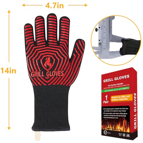 BBQ Gloves BBQ Accessories 1472℉ Extreme Heat Resistant (Black Red / One Size Fits Most(Long Cuff))
