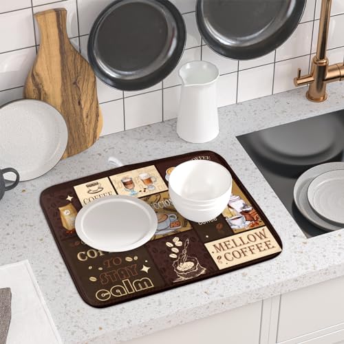 Brown Coffee Dish Drying Mat 16x18 Inch Coffee Cup Espresso Machine Pad Absorbent Washable Dish Rack Pad for Kitchen Counter Cafe Bar (brown coffee / 16" x 18")