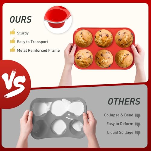 2 Pack 6 Cups Silicone Mini Muffin Pan with Metal Reinforced Frame Silicone Molds Cupcake Cake Baking Pans Cookie Baking Chocoflan Cupcake Mold Cake Molds Kitchen Baking Mom Gift Home Essentials (2pc: 6-Cup Jumbo / Red)