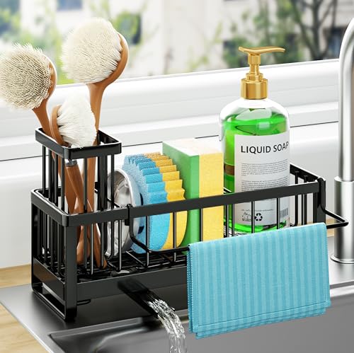 Sponge Holder for Kitchen Sink (Black / with Dishcloth Holder)
