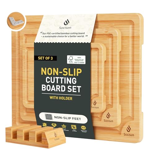 Bamboo Cutting Board Set Non Slip Feet with Holder Over Sink Kitchen Gadgets Seller 2025 First Apartment Must Haves Things Stuff Accessories House Warming Decor Housewarming Hostess Host Gifts (3 Pack with Holder / Natural)