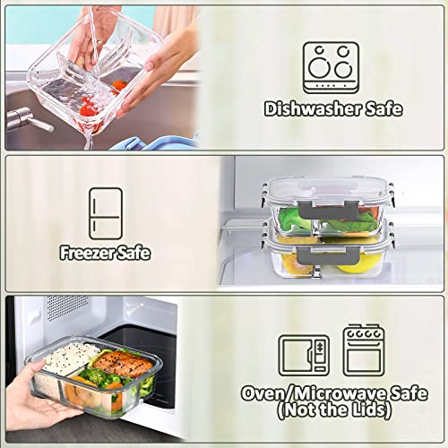 5 Pack,36 oz, 3 Compartments Glass Meal Prep Containers with Lids (Gray)