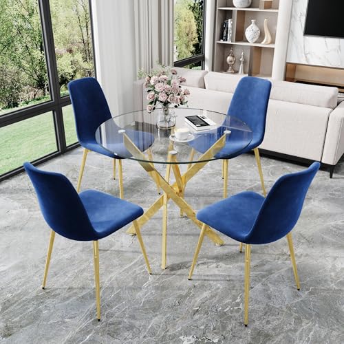 36" Round Glass Dining Table Set for 4 (Gold Round Table/Blue Velvet Chairs / 5 Pieces)