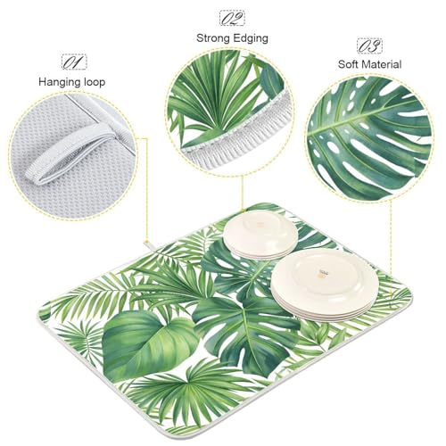 Green Monstera Palm Leaves Dish Drying Mat for Kitchen Counter Absorbent Microfiber Drying Pad (18" x 24")