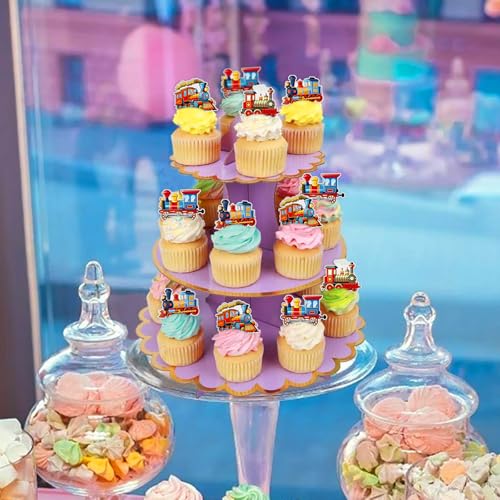 40PCS Edible Retro Train Cupcake Toppers Vintage Locomotiv Cupcake Picks for Retro Train Baby Shower Boys Girls Birthday Cupcake Decorations Traditional Transportation Party Decors (Edible)