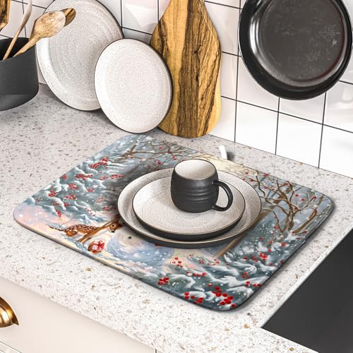 Winter Snowman Dish Drying Mat for Kitchen Counter Red Bird Berry Dishes Drainer Mats Holiday Microfiber Absorbent Dish Rack Pad 16x18 Inch (Winter Snowman Deer / 16" x 18")