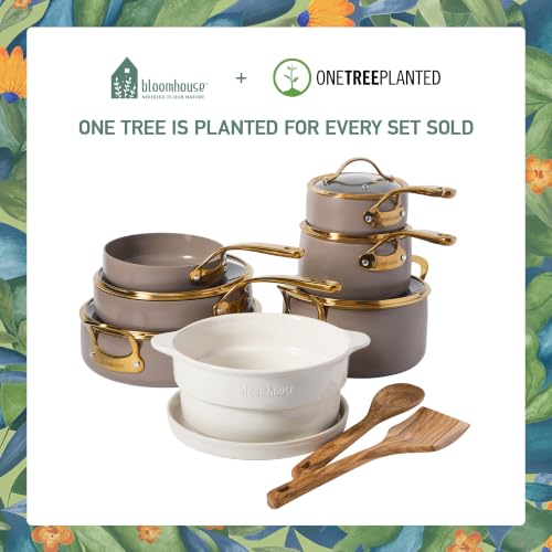 15 Piece Ceramic Nonstick Cookware Set (Cappuccino Cream w/ Gold Handle / 15-Piece Cookware Set)