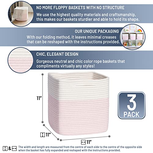 Storage Cubes 11 Inch Cotton Rope Woven Baskets for Organizing (Off White & Mixed Pink)