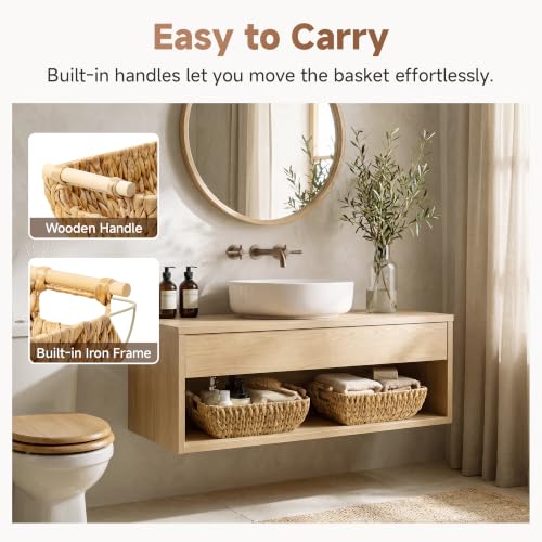 Hand Woven Storage Baskets with Wooden Handles (Natural(Water Hyacinth) / Large)