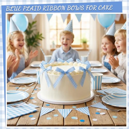 30 Pack Bow Cake Toppers Blue Gingham Ribbon Bows for Cake (Blue Plaid)