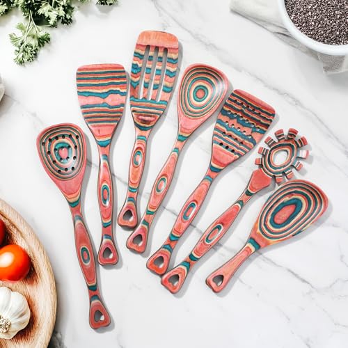 Pakkawood 7 Piece Wooden Cooking Utensils (Pinkish-Orange)