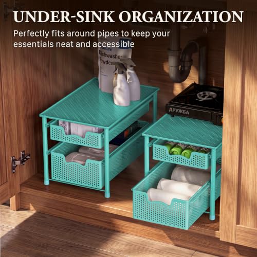 Stackable 2 Tier Sliding Basket Drawer (2-Tier / Turquoise)
