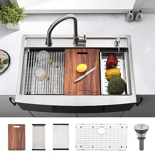 33 Inch Farmhouse Kitchen Sink Workstation (33"L x 22"W x 10"D / Stainless Steel (Splash Guard))