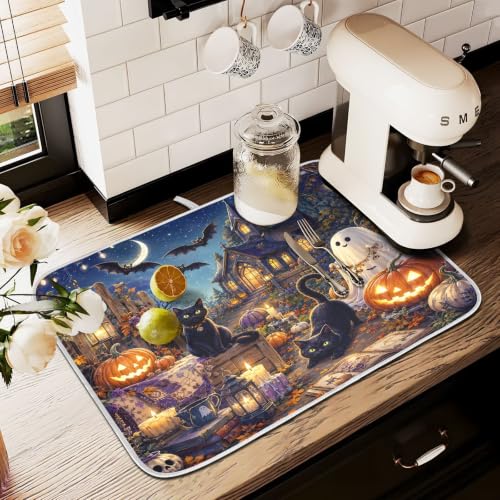 Halloween Night Scene Dish Drying Mat for Kitchen Counter Absorbent Microfiber Large Drying Pad Cats Ghost Dish Mats for Kitchen Countertops 18 x 24 Inch (Halloween Night Scene / 24" x 18")
