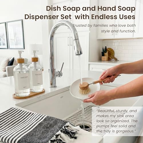 Dish Soap Dispenser Set (Clear Bottles White Bamboo Pumps)